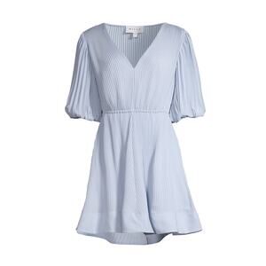 Milly 'Elle' Blue Plissé-Pleated V Neck Elbow Sleeve Mini Dress Size 4
